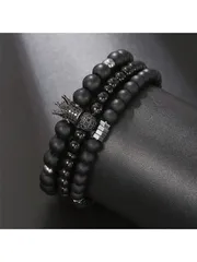 ジュエリー メンズ ブレスレット セット 1 セットの 3 個のパンクヒップホップスタイルストレッチステンレス鋼クラウン & ラインストーン & ビーズ & 瑪瑙装飾メンズブレスレットキット多目的な外観