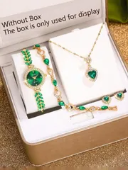 腕時計 レディース セット 女性用腕時計セット、グリーンの羽根型バンド、カジュアルクォーツ式、豪華なクリスタル装飾ダイヤル、ハート型ネックレス、ピアス、リング、ブレスレットのジュエリーセット。日常着用、誕生日プレゼ