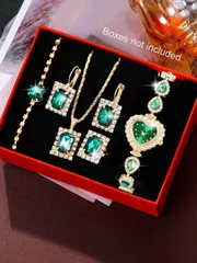 腕時計 レディース セット 1セット レディース腕時計セット、ハート型ケースにきらめくグリーンのラインストーンが飾られたファッショナブルな石英腕時計、ネックレス、ピアス、ブレスレット、リングがセットになっています。