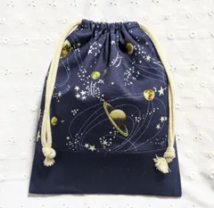 ハンドメイド、宇宙柄の給食袋、巾着袋、コップ入れ、紺色