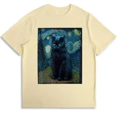 送料無料 100%コットン（星月夜 ヴィンセント ヴァン ゴッホ 黒猫 レトロ絵画 猫）熱転写3Dプリント メンズ　レディース おもしろい 半袖 パロディ Tシャツ  「バックプリント可能､備考必須」