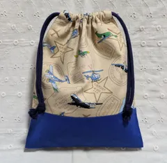 ハンドメイド、飛行機柄の給食袋、巾着袋、コップ入れ、ベージュ、青