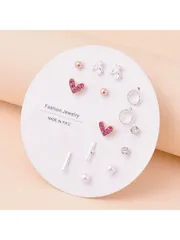 ジュエリー レディース イヤーアクセサリー セット  ハート型 ピンク ジルコニア スタッド ピアス セット 7色入り ローズゴールド