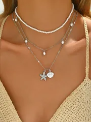 ジュエリー レディース ネックレス セット 3点セット フェイクパール タッセル ヒトデ貝殻 銀ネックレスセット、ビーズレイヤードチョーカーネックレス 女性用、デイリー着用とビーチに適しています