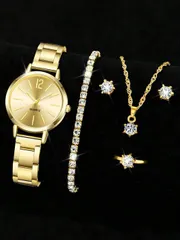 腕時計 レディース セット 6点セット レディース ウォッチ セット ゴールドメタル バンド ファッション シンプル クオーツ ネックレス リング ピアス ブレスレット 彼女への贈り物 デイリーコーディネートに最適