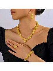 Ladies' Jewelry Set, 24K Gold Plated, Nigerian Bride Wedding Party Gift, 5-Piece Jewelry Set (Necklace, Earrings), Africa, Dubai, Beaded Jewelry for Women