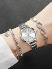 腕時計 レディース セット 4個セット レディース ファッション カジュアル クォーツ腕時計、数字ダイヤル、ステンレスバンド + ブレスレット