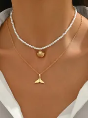 ジュエリー レディース ネックレス 2個セット エレガントな人工真珠ビーズネックレス、ファッションゴールドメタル海テーマのホタテ貝&魚のしっぽのペンダント、女性用ジュエリーネックレス、デイリーコーデ、ビーチ、旅行、