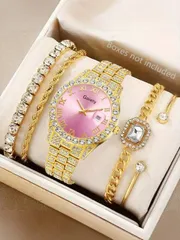 腕時計 レディース セット 女性用腕時計セット 5個入り、ファッショナブルなラグジュアリーダイヤモンド付き数字盤スチールバンド クォーツ腕時計、デイリーウェア、パーティー、列に並ぶのに適しています、腕時計ジュエリー