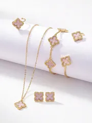 ジュエリー レディース セット 4つ葉のクローバーファッション多用途ラッキークローバージュエリーセット 6点 ピアス、ネックレス、ブレスレット、バングル、リング 女性への バレンタインデー、母の日ギフトに適していま
