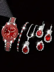 腕時計 レディース セット 6点セット レディースファッション腕時計、グリーンダイヤル クォーツムーブメント - 亜鉛合金ケースとストラップ、アナログ時計、日常着用やパーティーに最適、友人への新年、クリスマス、バレ