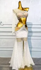 新品 ベリーダンス オリエンタル衣装 3点セット 透けます ホワイトオーダーメイド