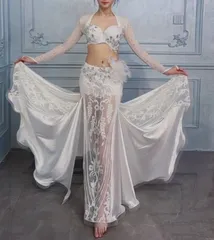 新品 ベリーダンス オリエンタル衣装 羽根 セットアップ ホワイト オーダーメイド