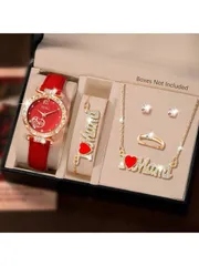 腕時計 レディース セット 女性用腕時計セット 6点入り、花柄&ローマ数字クォーツ腕時計、クローバーブレスレット、ネックレス、ピアス、リングのジュエリーセット、パーティー、休日、誕生日に最適、彼女への贈り物にも (