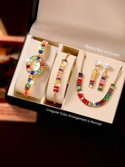 腕時計 レディース セット レディース レインボー & ゴールドトーン ウォッチセット、クォーツ腕時計、ネックレス、ブレスレット、ピアスが含まれ、輝くアクセントでデコレーション、パーティーやギフトに最適なファッショ