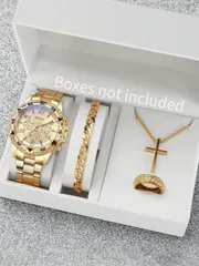 腕時計 メンズ セット メンズ 4点セット 鋼製バンド カジュアル 3針 数字目盛り ビッグダイヤル クォーツ腕時計 + ジュエリー