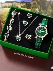 腕時計 レディース セット 女性用ファッションカジュアル クォーツ腕時計 6点セット、ピーチダイヤル、ネックレス、ピアス、ブレスレット、リングのジュエリーセット、パーティー、祭り、誕生日、彼女への贈り物に適していま