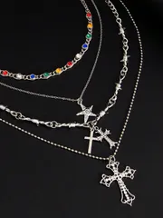 ジュエリー メンズ ネックレス セット 4個セット ビンテージ パンク ゴージャス マルチカラーラインストーン クロス ネックレス、パーティー&フェスティバル用メンズアクセサリー