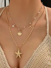 ジュエリー レディース ネックレス 2個セット サマーフレッシュフェイクパールネックレス チャーム付き、ファッションオーシャンライフペンダントジュエリーセット 女性の日常/バケーション用、ハンドメイド 長さ調整可能