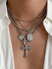 ジュエリー メンズ ネックレス セット ビンテージ ファッショナブル マルチエレメント ジオメトリック メタル ジーザス クロス ペンダントネックレス 4個セット、メンズ レイヤード チャーム ネックレスセット