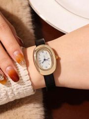 手錶 女士 套裝 1 件 簡約復古休閒 女士 石英錶，優雅復古風格 女士 手錶（橢圓形錶殼，羅馬數字白色錶盤，黑色皮革錶帶，石英機芯