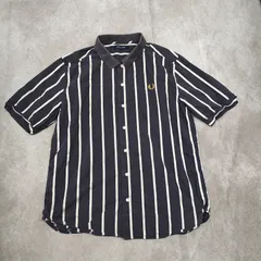 FRED PERRY　L  ストライプシャツ　半袖 ネイビー　フレッドペリー　【0319】