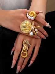 戒指 女士 套裝 3件套 夏季海灘風格戒指套裝，女士珍珠裝飾貝殼、海星、海馬造型戒指，獨特珠寶