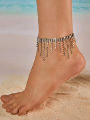 珠寶 女士 腳部飾品 1件 時尚優雅水鑽流蘇鏈腳鍊，波西米亞風格水鑽蝴蝶流蘇腳鍊，海灘度假裝飾