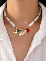 ジュエリー レディース ネックレス 1個 夏のオーシャンスタイル ヒトデ&貝殻ペンダントネックレス、レディースファッション ターコイズ コーラル コインペンダントネックレス、バケーションや日常着に適しています