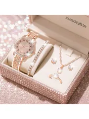 腕時計 レディース セット 女性用ウォッチセット、エレガントな石英時計&ジュエリーセット、ファッショナブルな丸型ダイヤル時計、ラインストーンネックレス、ピアス、リング、ブレスレット、デイリー使い、誕生日プレゼント、