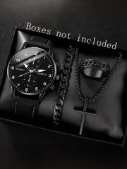 Men's Watch Set with Black Strap, Business Minimalist Design, Arabic Numerals, Quartz Watch, Bracelet, Necklace, Ring, Jewelry Set - Suitable for Daily Wear, Decoration, or Holiday Gift
