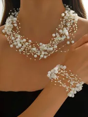 ジュエリー レディース セット 2個セット ファッショナブルで優雅な フェイクパールネックレス&ブレスレットジュエリーセット、パーティー、集まり、日常着に適し、女性への贈り物に