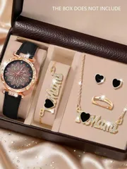 腕時計 レディース セット 女性用腕時計セット 6個入り、ファッショナブルなカジュアル クォーツ腕時計、ミニマリストデザインの「  」ブレスレット、ネックレス、ピアス、リングのジュエリーセット、デイリー使い、学校再