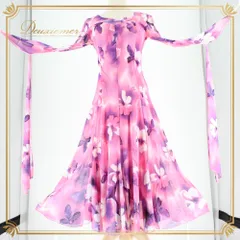 社交ダンス 衣装 スタンダード ドレス ワンピース パーティドレス create-sun 白 紫 ホワイト系 ピンク系 パープル系 フロート 長袖 花柄 ピンク 白系 大人可愛い 華やか ワンピースドレス ロング丈 ミモレ丈風 フレアスカート フレアワンピース