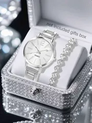 腕時計 レディース セット 卒業シーズン ミニマリスト 数字ダイヤル スチールバンド 腕時計 & ラインストーン ブレスレット ジュエリーセット (女性用)