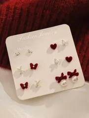 ジュエリー レディース イヤーアクセサリー  6個セット フロック スタッドピアス、アンカラレッド ヴィンテージ ミニマリスト ジオメトリック & ハート型ピアス、秋冬