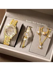 腕時計 レディース セット 1セット レディース腕時計 ラインストーン クォーツ時計、ネックレス、ピアス、ブレスレット、リング、調整可能なストラップ、ヴィンテージゴールドダイヤル、パーティー、休日、誕生日に最適、友