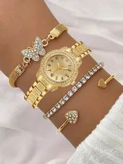 腕時計 レディース セット 4個セット、レディース腕時計、ファッショナブルでラグジュアリーなレディースゴールドデジタルスチールバンド腕時計、合金素材、合金ブレスレットセット、ラインストーン、蝶、デイリー使い対応、腕