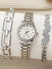 腕時計 レディース セット 3個セット カジュアル クォーツ レディース シルバー腕時計セット ブレスレット付き、デイリーコーディネートに、誕生日、女性へのギフト、記念日、年末、独身の日、ハロウィンセールに最適、ギ