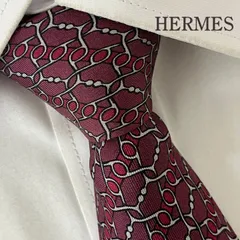 《美品》HERMES (エルメス) シルクネクタイ フランス製 総柄  チェーン ストライプ ボルドー レッド シルバー
