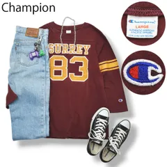 【定番】 チャンピオン Champion 80s トリコタグ 復刻 フットボール プリント Tシャツ ロンT 七分丈 クルーネック カットソー L ボルドー x マスタード アメリカン カジュアル メンズ