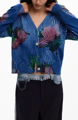 デジグアル レディース アウター パーカー・スウェット Vネック フラワー柄 カーディガン フラワー Desigual Floral VNeck Cardigan Blue ブルーのサムネイル