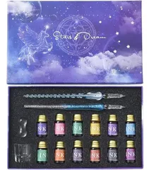 Ducale(ドゥカーレ) ガラスペン セット インク12色 ペン2本 サインペン 万年筆 ボックス付け 星空 レインボーク 署名ペン ガラスディップペンインクセット グラデーション ライトブルー GRS-LBL-SET