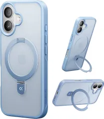 【11年の匠心開発 高耐久スタンド構造】CASEKOO for iPhone 17 ケース【3倍米軍MIL規格 耐衝撃／MagSafe対応】隠しスタンド 縦横立て対応 リング機能 マット仕上げ 指紋防止 黄変防止 半透明 ストラップホール付き（ライトブルー）