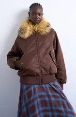 トップショップ レディース アウター ジャケット・ブルゾン ナイロン Topshop Nylon Bomber Jacket with Faux Fur Collar Brown ブラウンのサムネイル