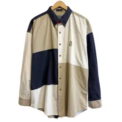 90's CHAPS チャップス RALPH LAUREN  ラルフローレン ボタンダウンシャツ コットンシャツ 長袖シャツ ワンポイントロゴ 刺繍 カラーブロック マルチカラー 白×紺×ベージュ XLサイズ No.M216