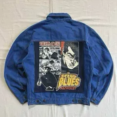 極希少　archive　一点物　ろくでなしBLUES　アニメ漫画　リメイク　両面ロゴ　短丈Gジャン　デニムジャケット　ボタン留めブルゾン　裾ベルト　ブルー　Y2K　Japan animation “Rokudenashi Blues” denim jacket