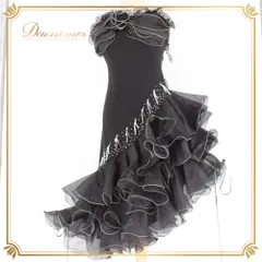 社交ダンス 衣装 ラテン ドレス ワンピース パーティドレス レディースprima boutique 黒 ブラック系 シルバー系 アシメ ラインストーン きらきら デコレーション モダン ダンス 発表会 競技用 黒ドレス ブラックドレス シルバードレス