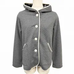 【新品】[印象N] NAVY ネイビー キルトカットソー / フードカーディガン / パーカー レディース M ヘザーグレー 杢グレー×生成り×黒 ポリ100% ボタン留め フードにチェック柄裏地 スリムフィット 長袖のサムネイル