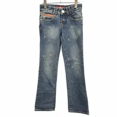 【新品】[印象N] MISS SIXTY ミスシックスティ パンツ レディース 25 ブルー 青×赤 ジップフライ ダメージ加工部分の裏側に当て布は無し(ダメージ部分は少し地肌が透けて見えます) デニム スキニー フレア ローライズのサムネイル